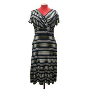 Talbots Faux Wrap Dress, Navy & Beige Striped, M, Short Sleeve, Rayon/Spandex